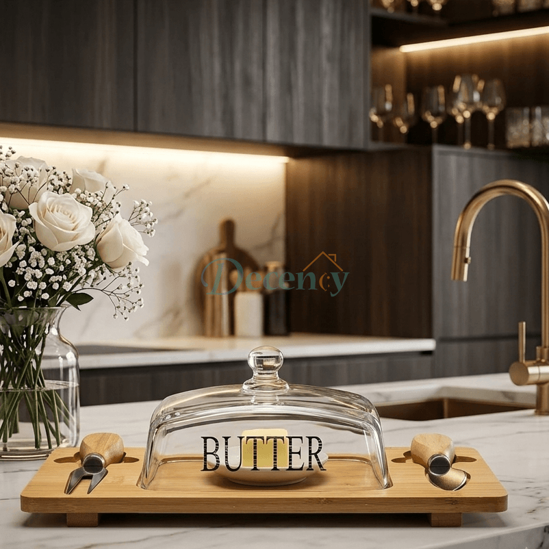 Luxury Glass Butter Dish with Wooden Tray & Knives Set