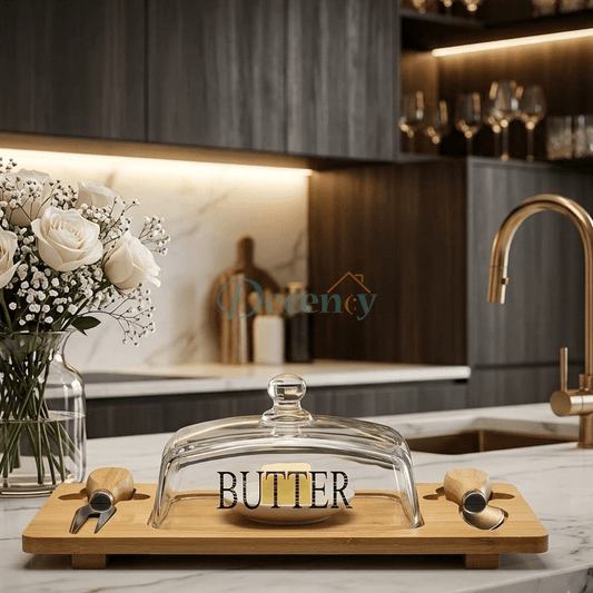 Luxury Glass Butter Dish with Wooden Tray & Knives Set