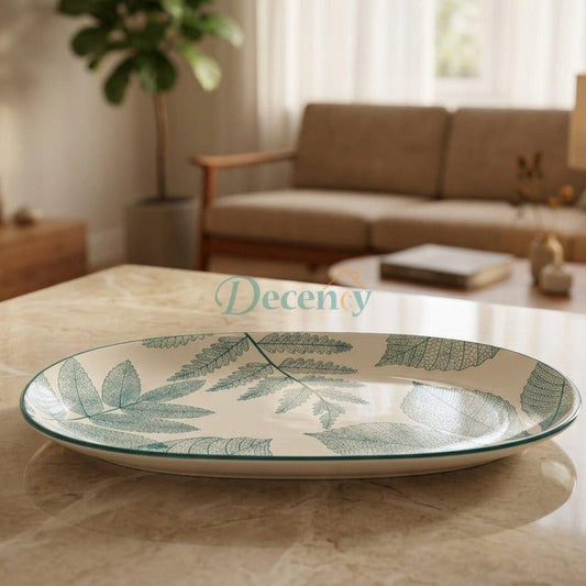 Ceramic Oval Leaf Serving Platter - Green Botanical Design