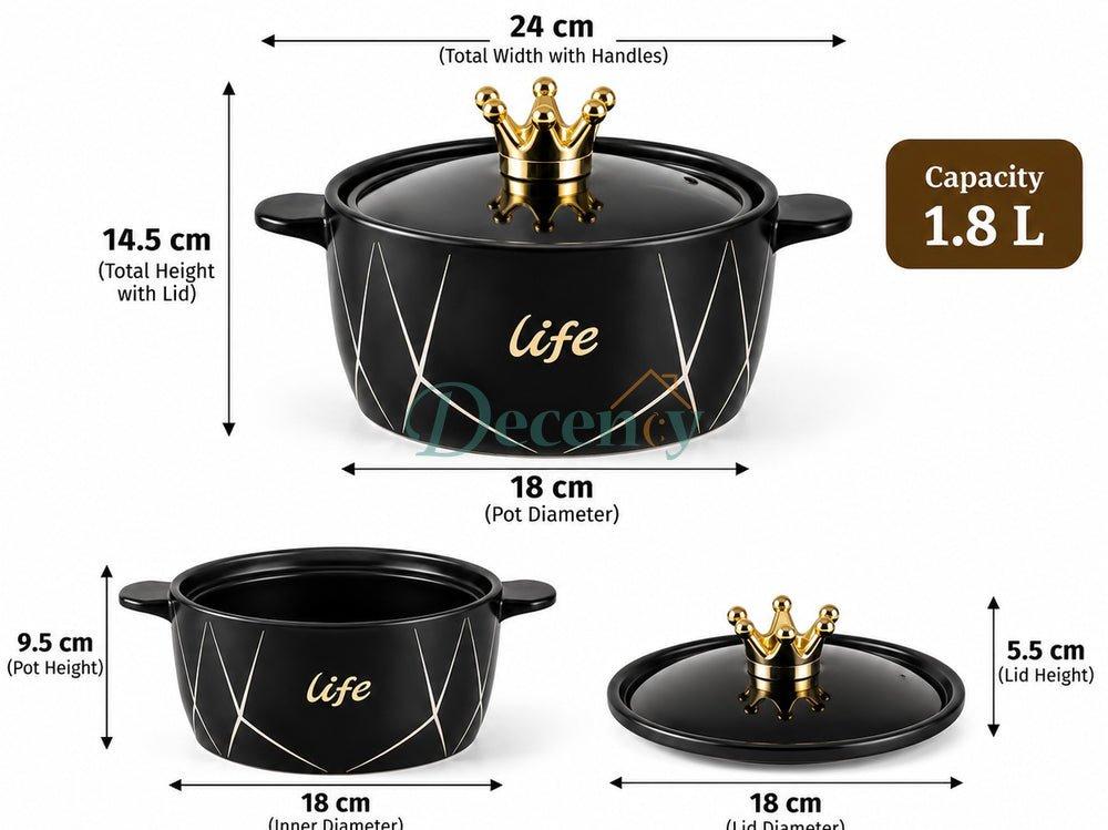 Luxury Black Ceramic Soup Pot with Crown Lid Knob – 1.8L