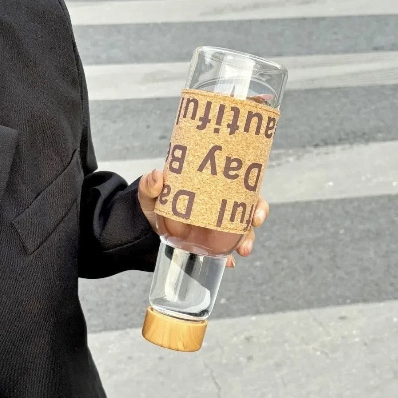 Clear Glass Water Bottle with Cork Sleeve & Wooden Lid