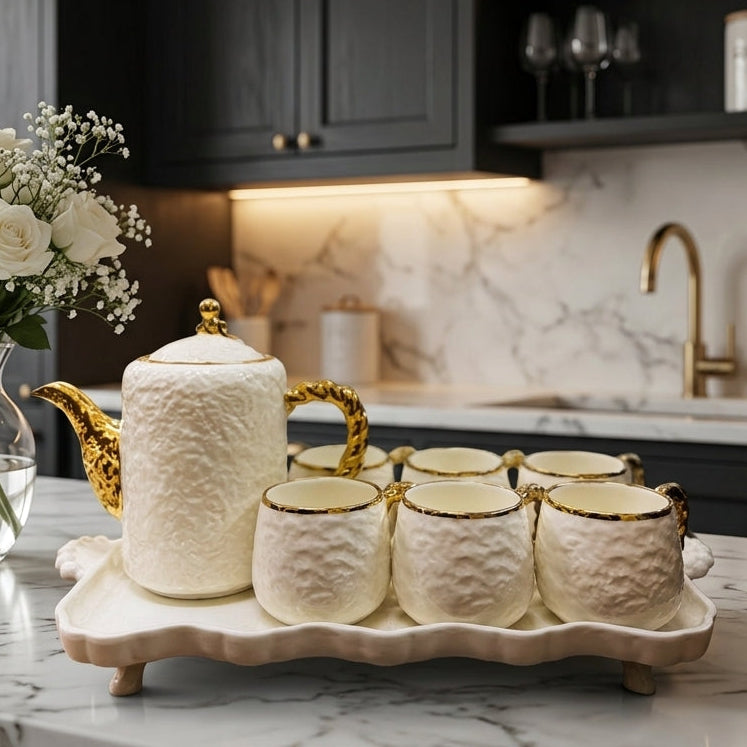 Luxury 8 Pcs White Ceramic Tea Set with Gold Handles & Serving Tray