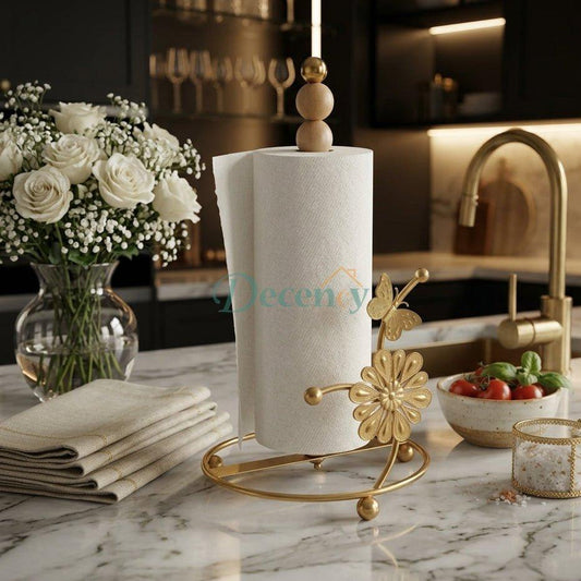 Luxury Gold Kitchen Tissue Paper Holder Stand with Butterfly Accent