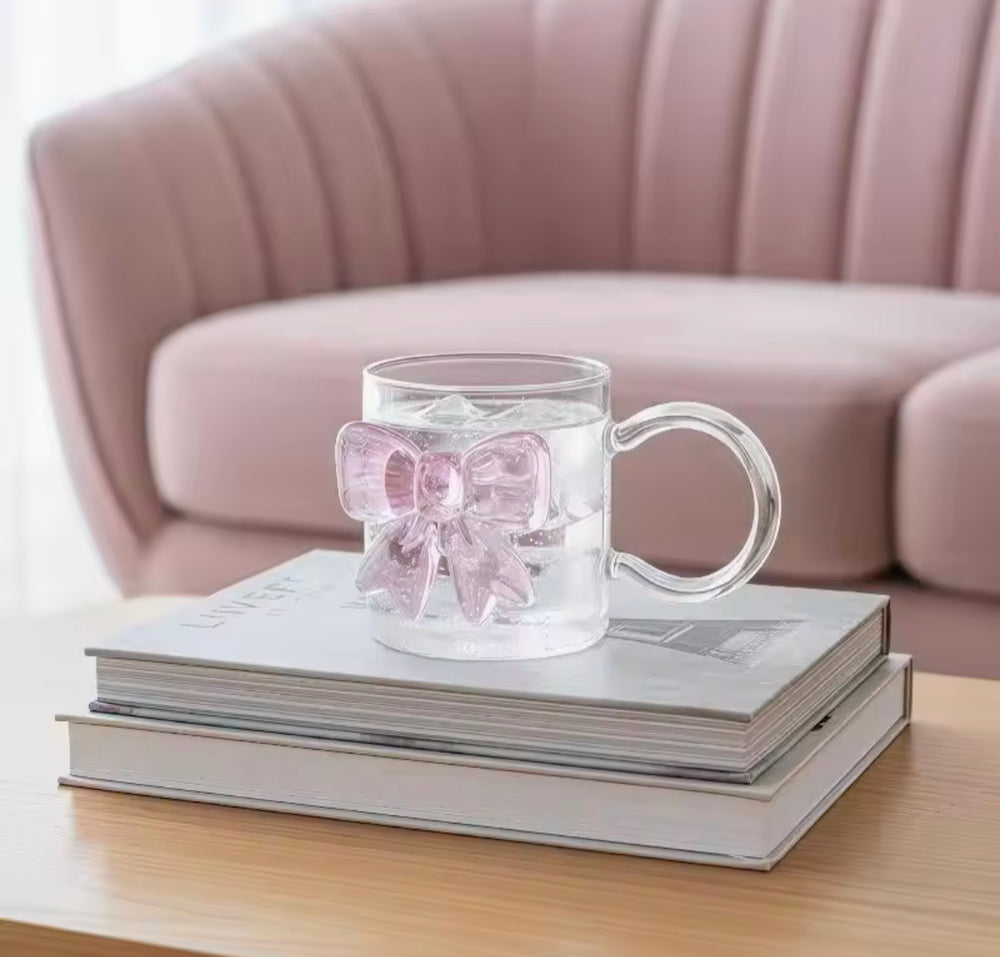 Pink Bow Clear Glass Mug - Cute Aesthetic Coffee Cup