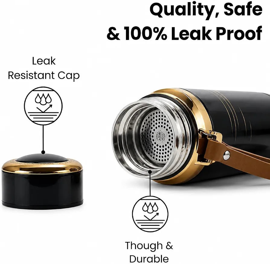 Stainless Steel Vacuum Insulated Water Bottle with Leather Strap