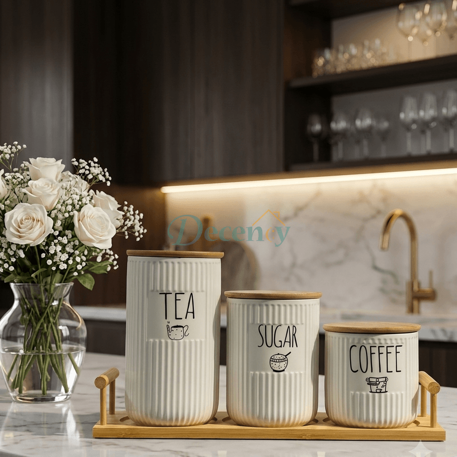 3- Piece Ceramic Tea Coffee Sugar Jar Set with Wooden Wooden Tray