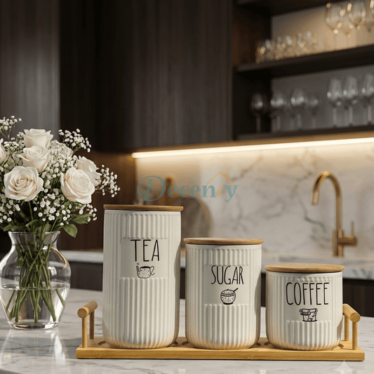 3- Piece Ceramic Tea Coffee Sugar Jar Set with Wooden Wooden Tray