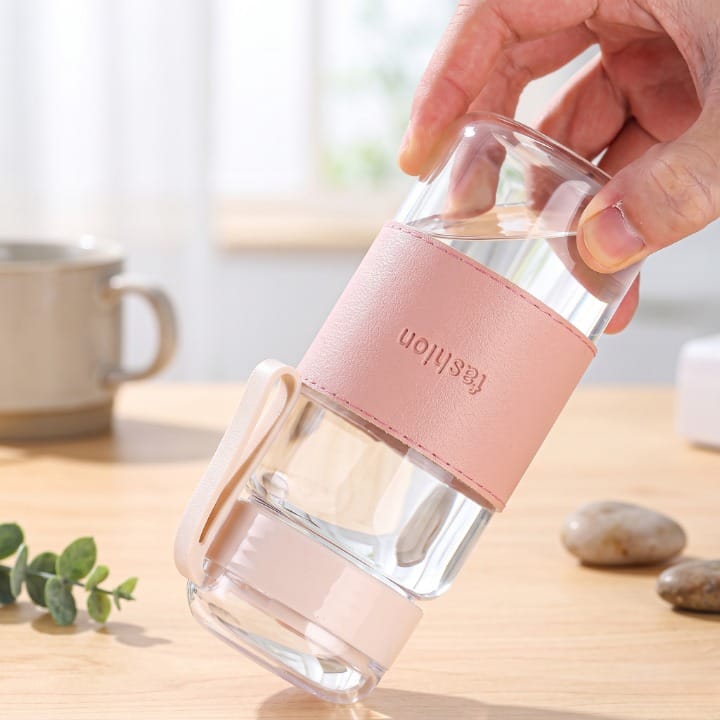 Aesthetic Glass Water Bottle with Leather Sleeve & Handle
