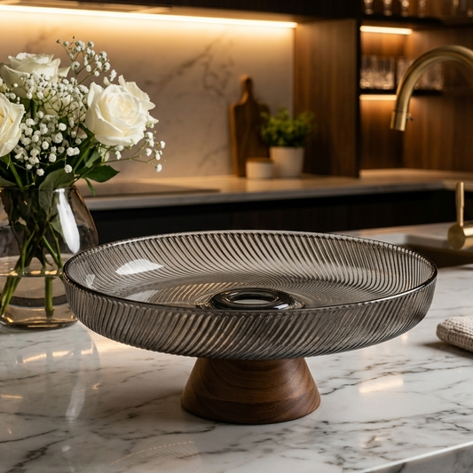 Danny Home 10" Ribbed Glass Fruit Bowl with Wooden Pedestal Base