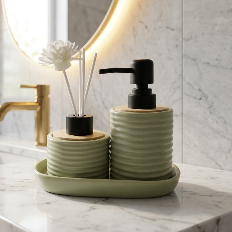 Luxury Ceramic Bathroom Dispenser & Diffuser Set with Tray - 3 Piece