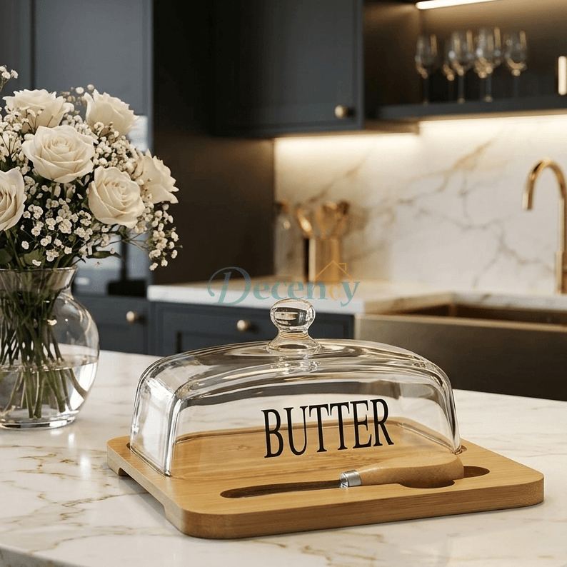 Glass Butter Dish with Wooden Tray & Spreader Knife