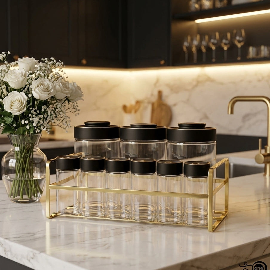 Luxury Black 9-Piece Spice Jar Set with Gold Metal Rack