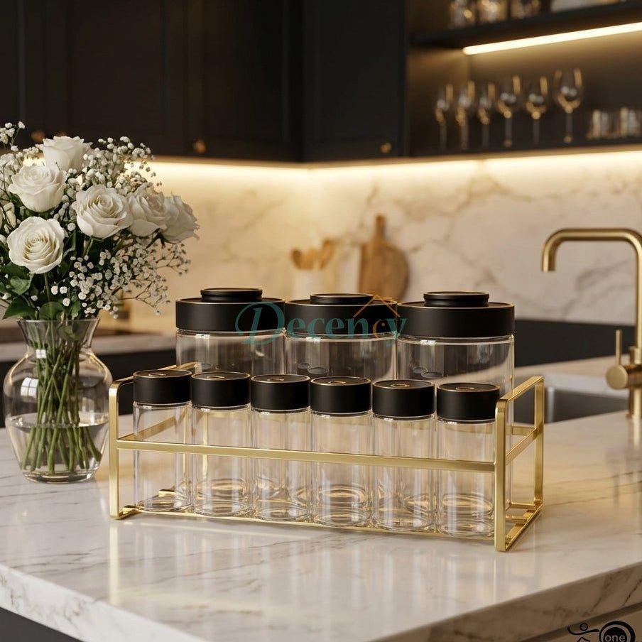 Luxury Black 9-Piece Spice Jar Set with Gold Metal Rack