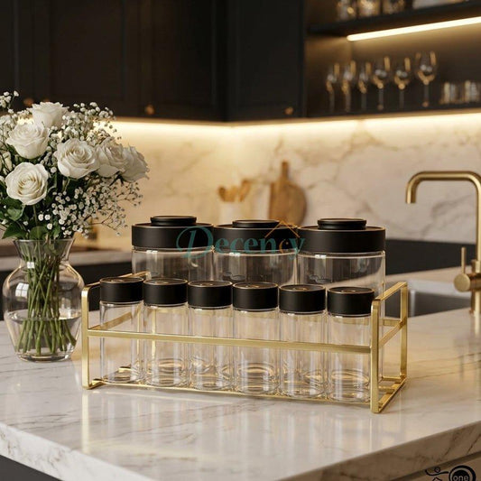 Luxury Black 9-Piece Spice Jar Set with Gold Metal Rack