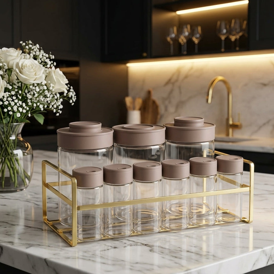 9 Peice Glass Spice & Seasoning Jar Set with Gold Rack - Brown Caps