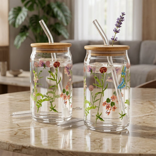 Danny Home Floral Can Glass Set 2 Pcs with Bamboo Lid & Straw