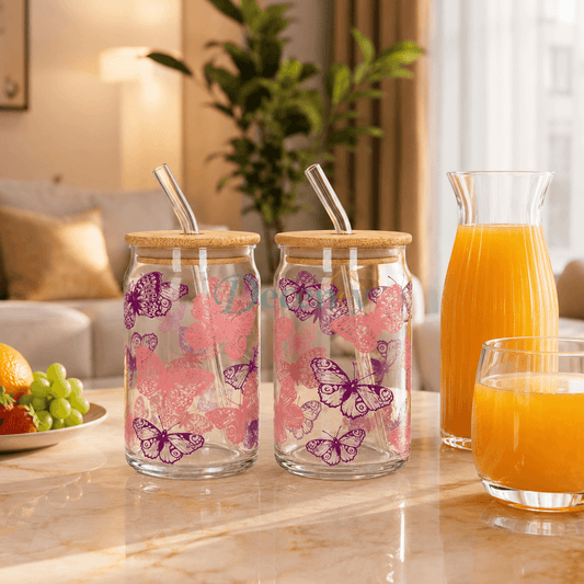 Danny Home 2 Pcs Butterfly Glass Can Tumbler Set with Bamboo Lid & Straw
