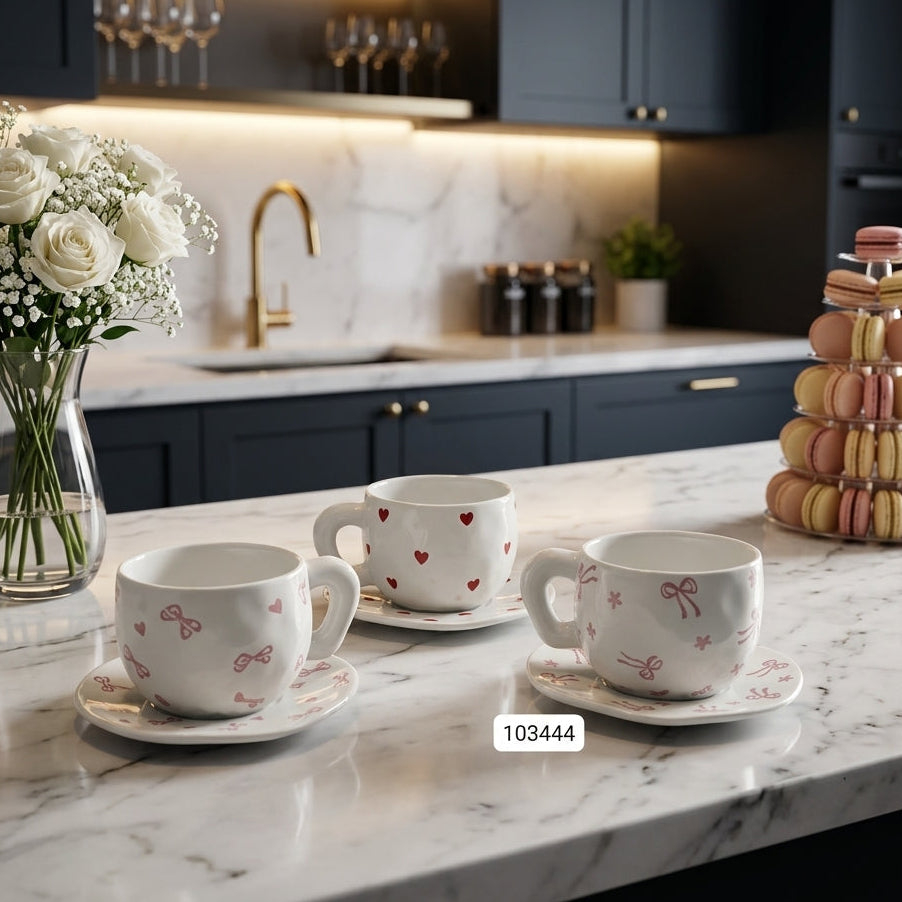 1 Pcs Luxury Ceramic Heart & Bow Tea Cup Set with Saucers