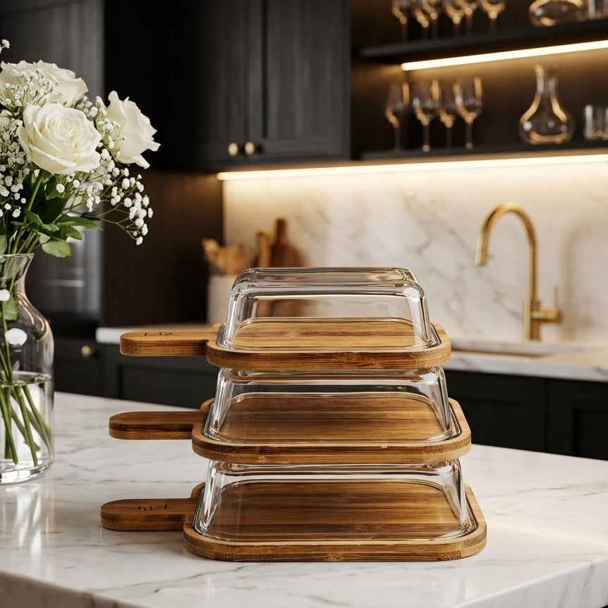 Product Title
Square Glass Serving Bowls with Wooden Lid Handles