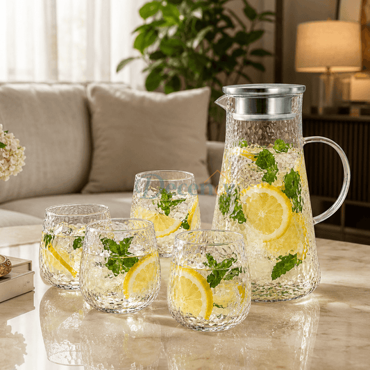 Danny Home 5-Pcs Hammered Glass Water Jug Set (1.79L) - Stainless Lid