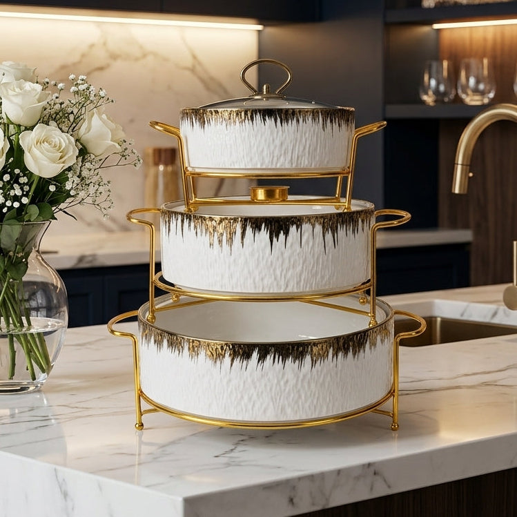 3-piece round white ceramic hotpot set stacked in a gold metal stand on a marble counter