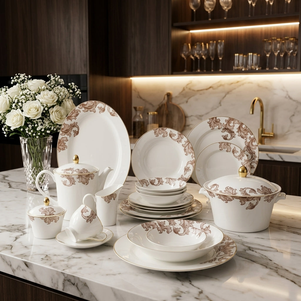 Full 61-piece luxury royal arabesque ceramic dinner set displayed on a marble kitchen island