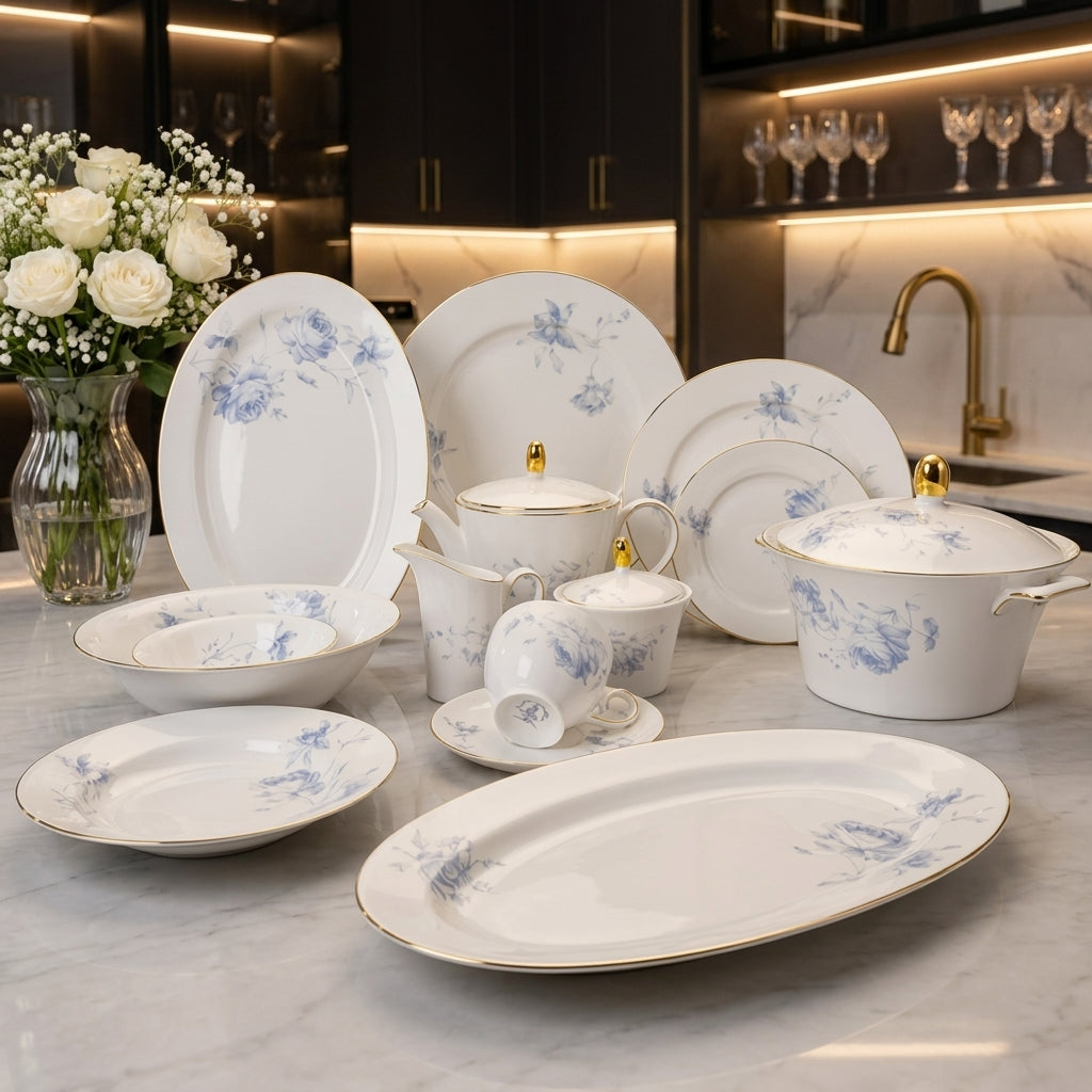 Full 61-piece Royal Azure Bloom ceramic dinner set arranged on a dining table.