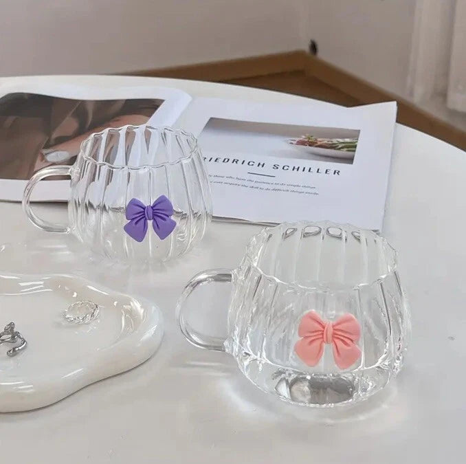 Cute Bow Glass Ribbed Handle Cup