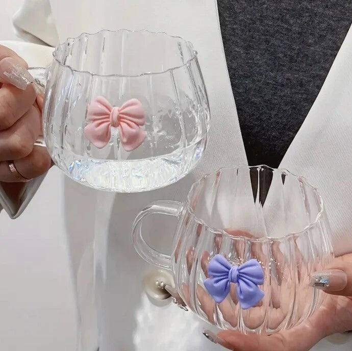 Cute Bow Glass Ribbed Handle Cup