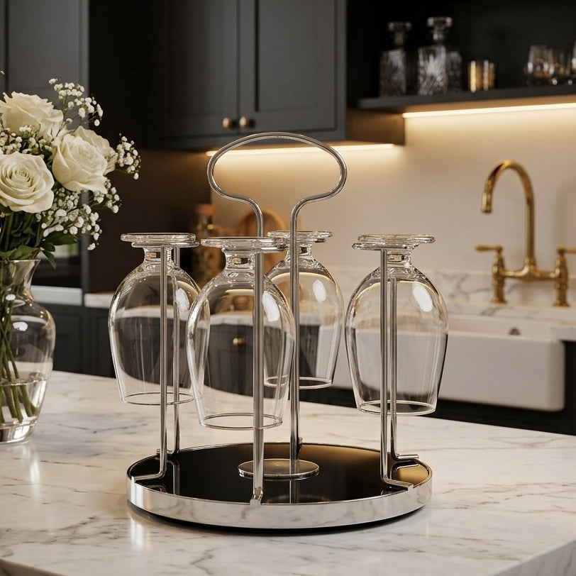 Stainless steel glass holder stand on a marble kitchen countertop with inverted stemmed glasses