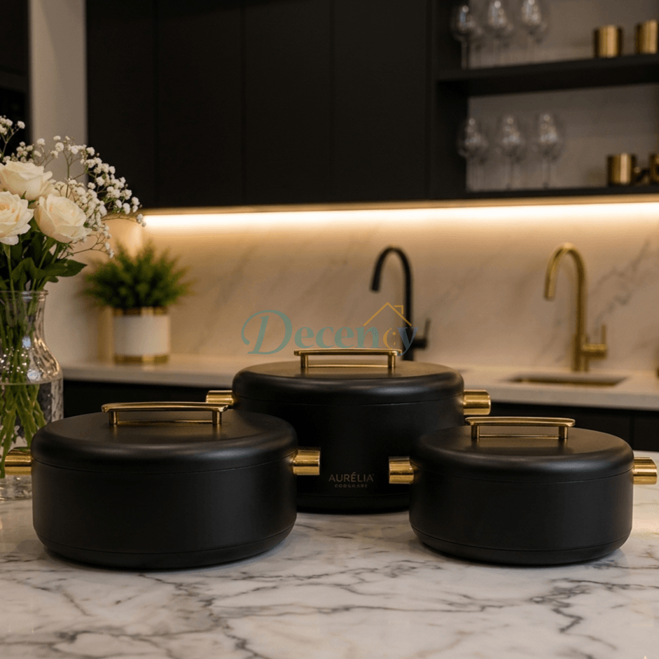 Premium 3-piece insulated hotpot set with lids displayed on a kitchen counter in Pakistan.
