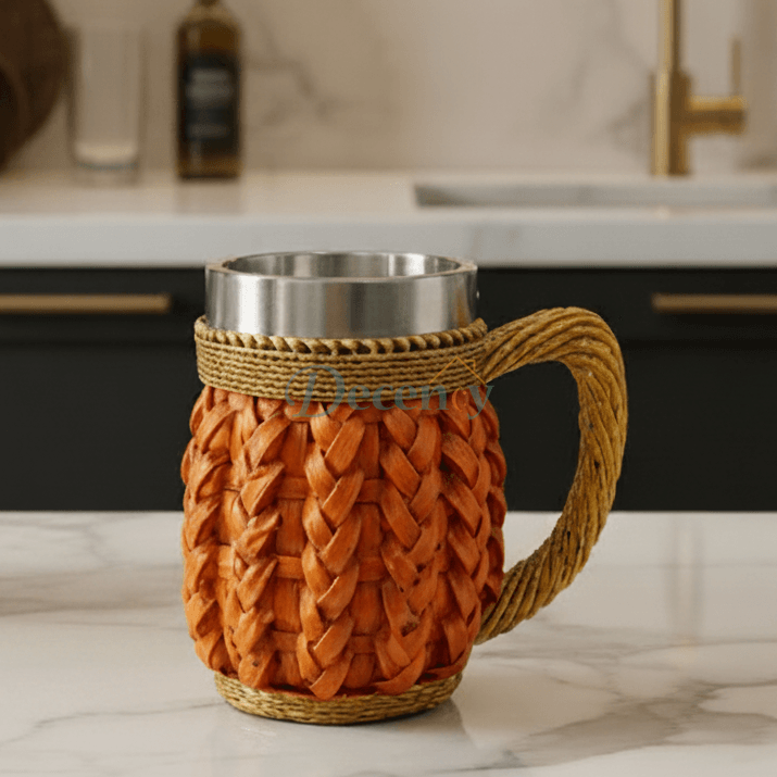 500ml handwoven stainless steel insulated coffee mug in rustic barrel design