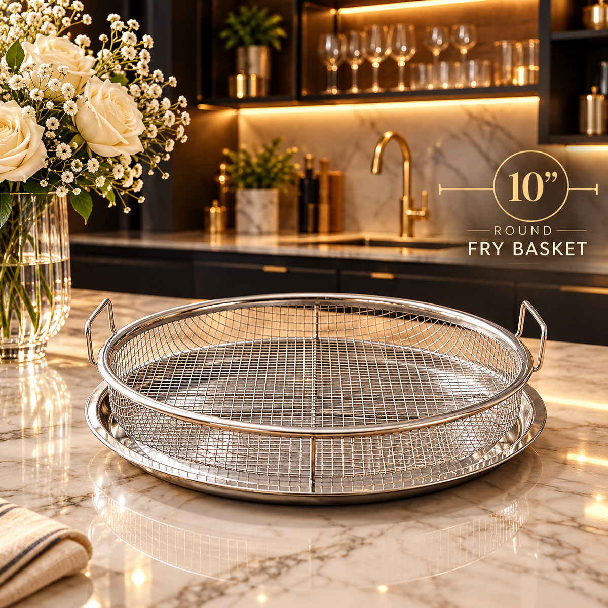10-inch round stainless steel fry basket with drip tray on marble kitchen counter