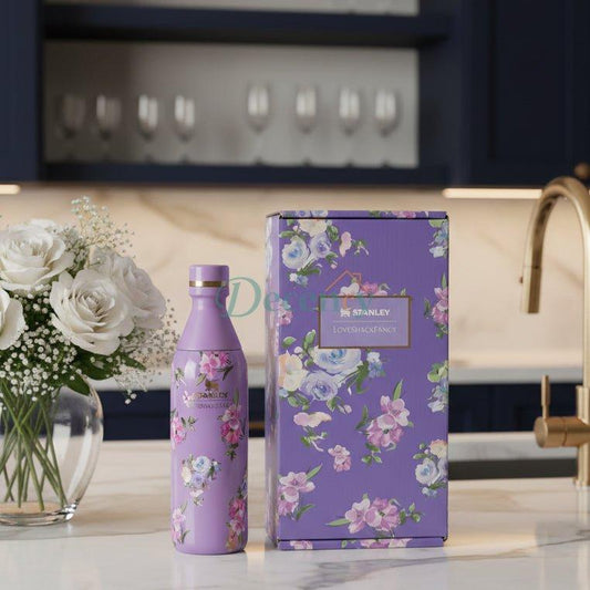 Stanley LoveShackFancy All-Day Slim Bottle 16oz in floral print on a white background