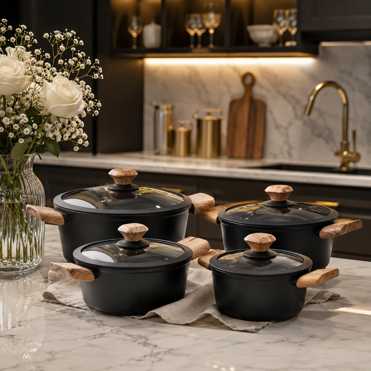 Turkish diamond-infused non-stick pot set in a sleek black finish
