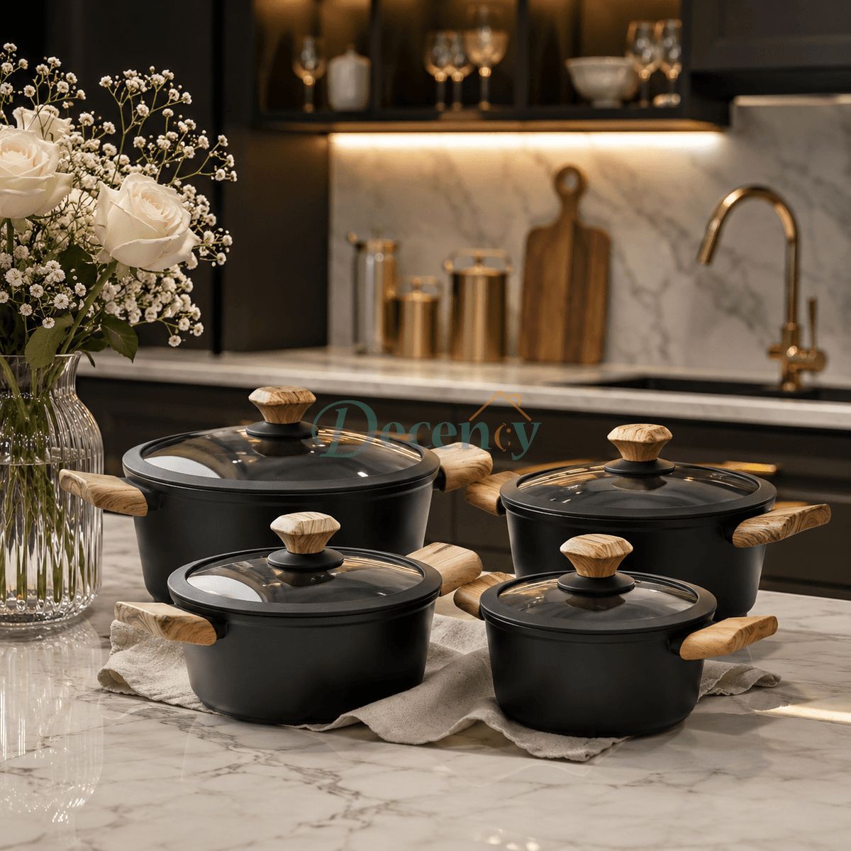 Turkish diamond-infused non-stick pot set in a sleek black finish