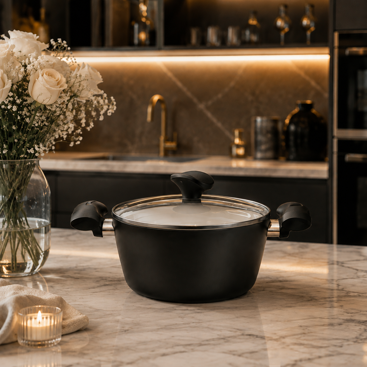 Front view of TVS Italian 20cm ceramic coated cooking pot with glass lid on kitchen counter