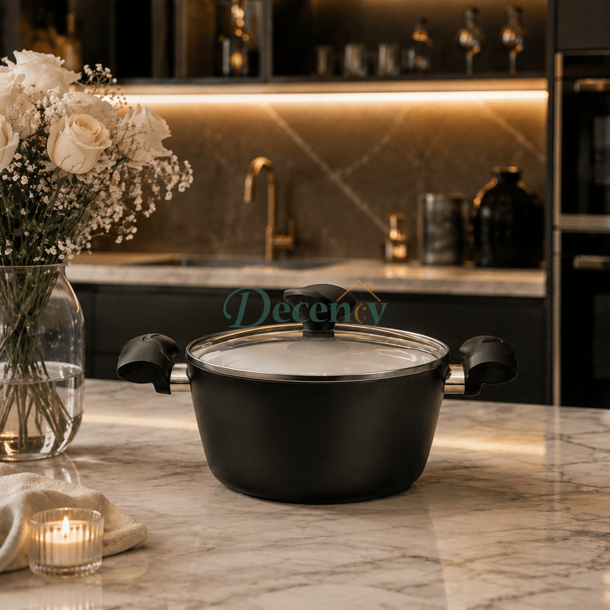 Front view of TVS Italian 20cm ceramic coated cooking pot with glass lid on kitchen counter