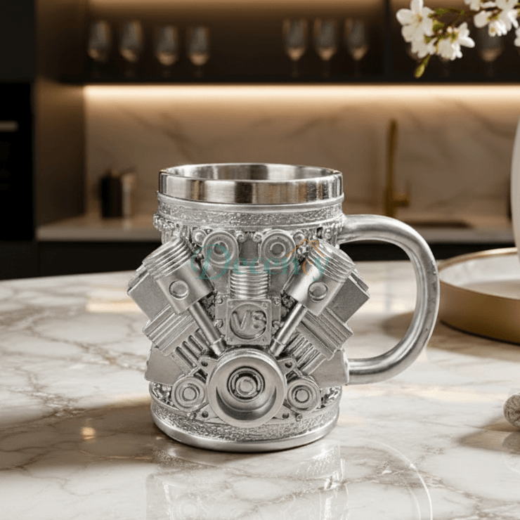 Creative 450ml V8 engine car part coffee mug showing realistic silver engine details