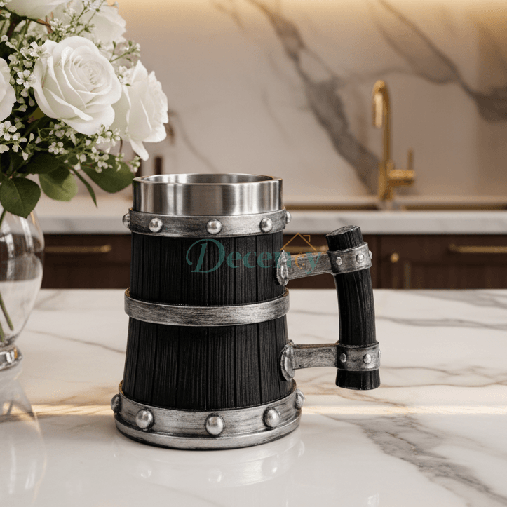 500ml Viking barrel mug with handcrafted wooden finish exterior