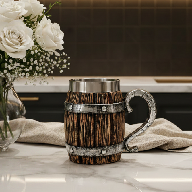 Viking wooden barrel mug 500ml with stainless steel lining sitting on a rustic table