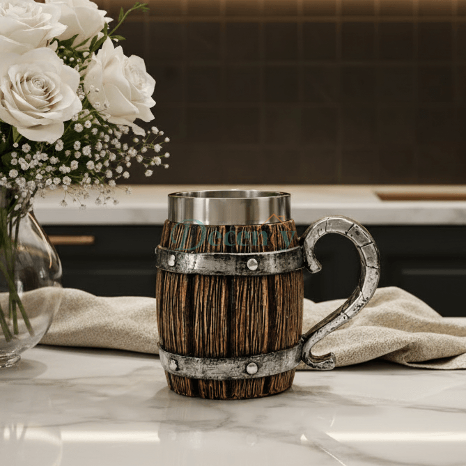 Viking wooden barrel mug 500ml with stainless steel lining sitting on a rustic table