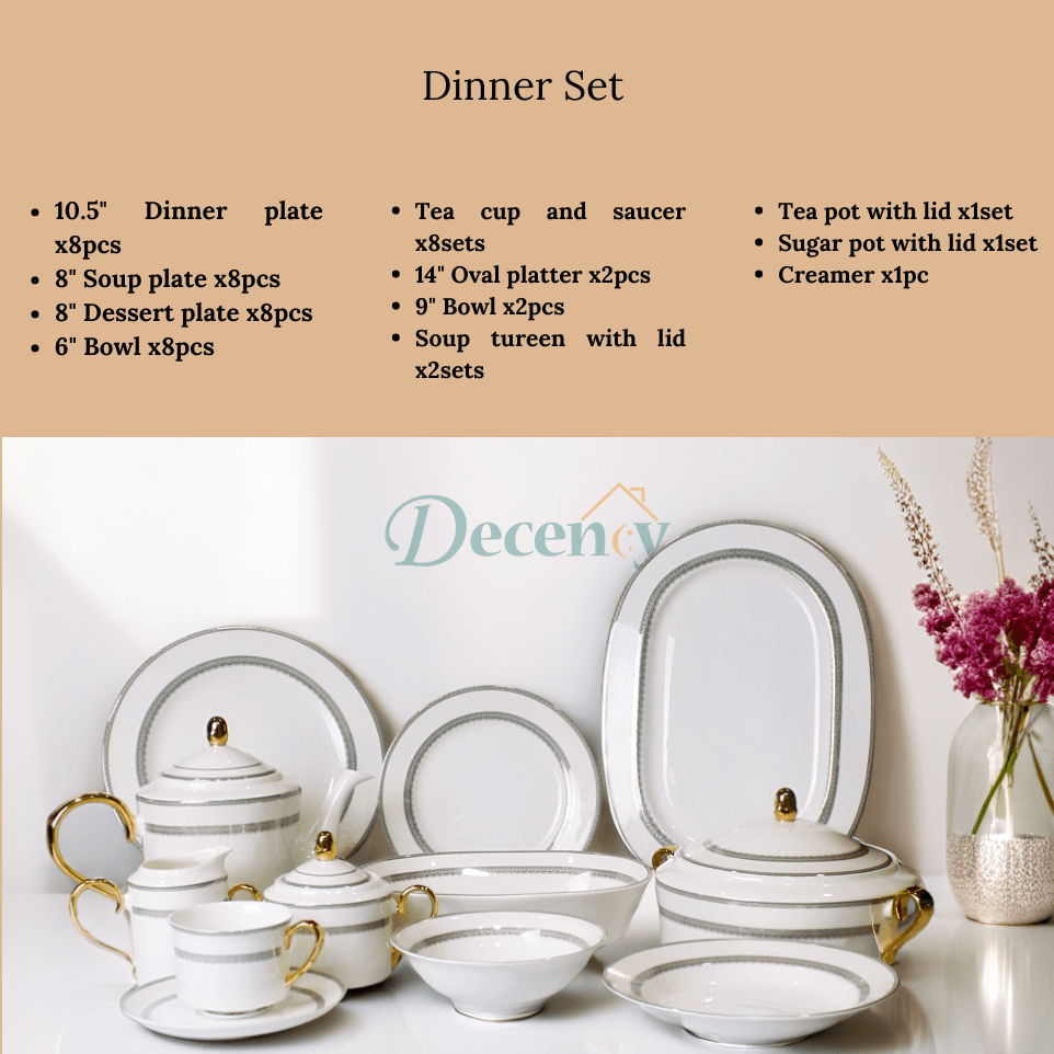 Elegant bone china soup bowls and oval serving dishes with intricate grey patterns for formal Pakistani dinners.