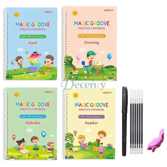 Kids Magic Practice Book (4 Books + 1 Pen + 1 Grip + 10 Refill) - Decency