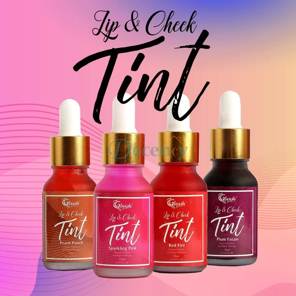 Glaash Lip & Cheek Tint Water Based 15ml - Red Fire | Plum Fatale | Sparkling Pink | Peach Punch - Decency