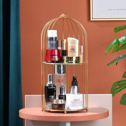 Modern Brass Makeup Organizer Cage With Mirror - Decency
