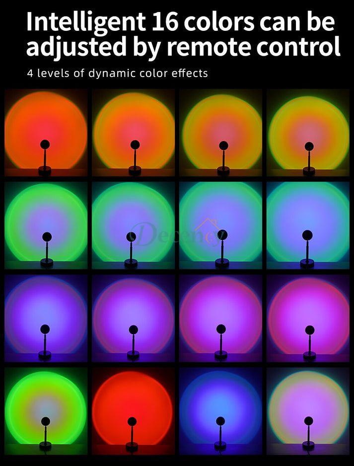 Sunset Lamp Projection Led Lights with Remote, 16 Colors Night Light 360° Rotation Rainbow Lights - Decency