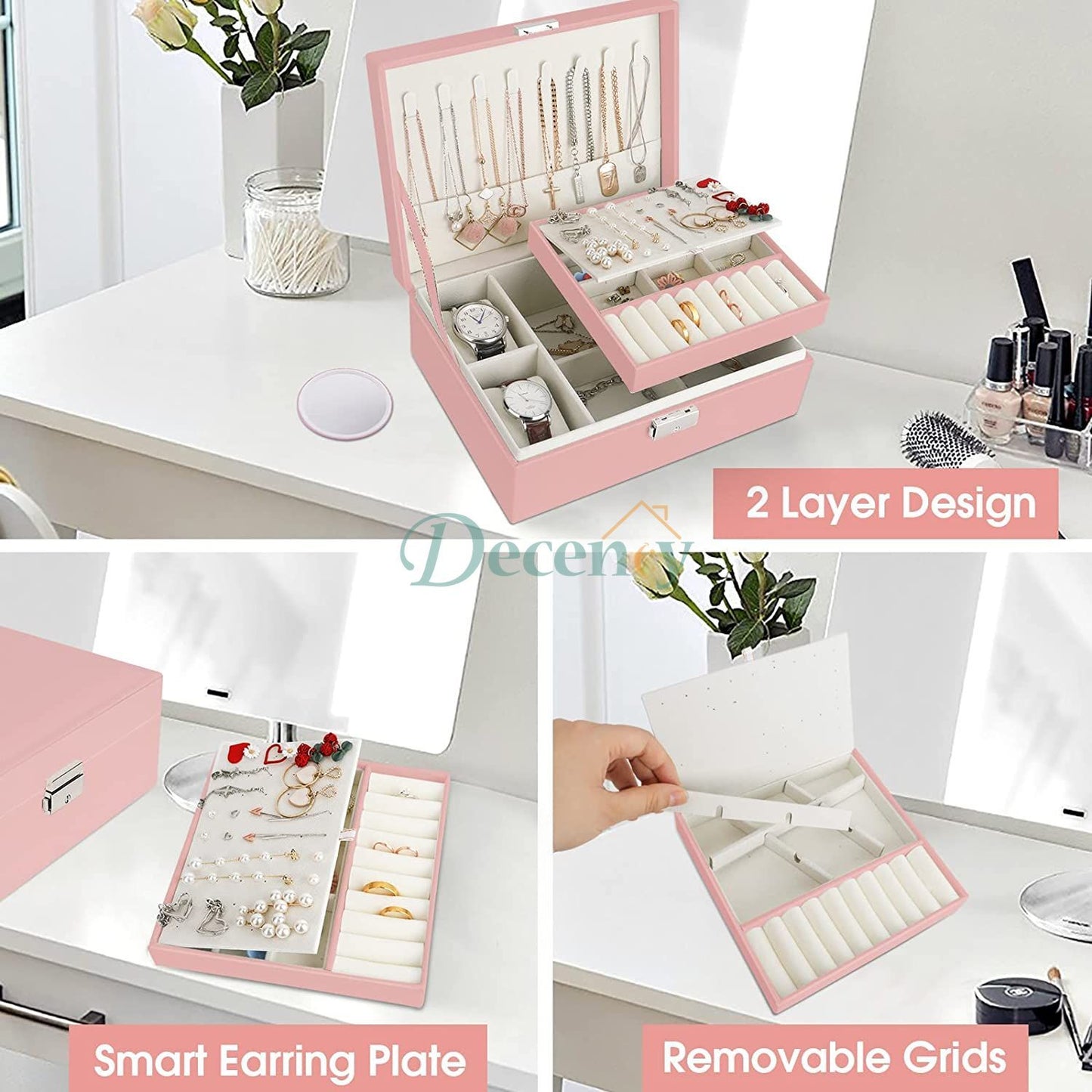 2 Layer Large Travel Jewelry Case , PU Leather Jewellery Holder Organizer with Removable Tray - Decency