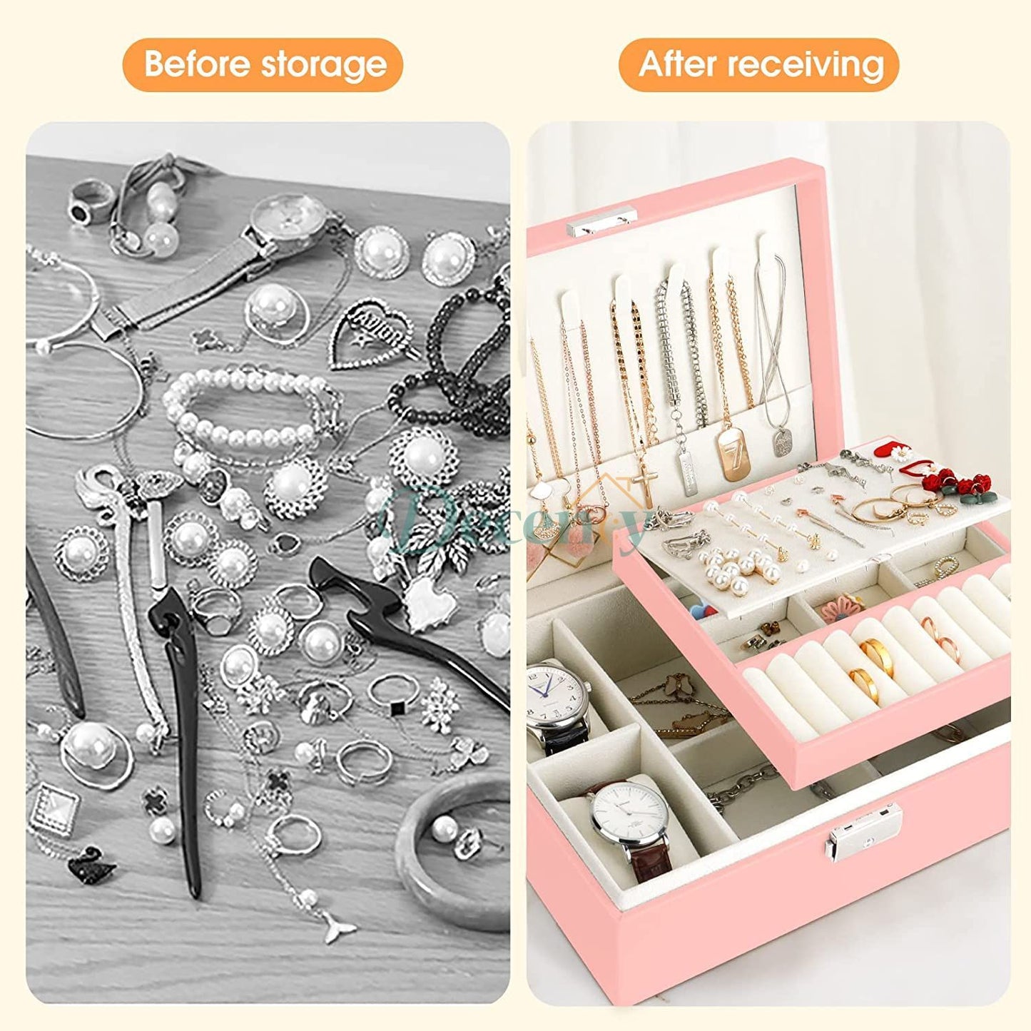 2 Layer Large Travel Jewelry Case , PU Leather Jewellery Holder Organizer with Removable Tray - Decency