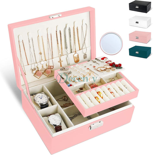 2 Layer Large Travel Jewelry Case , PU Leather Jewellery Holder Organizer with Removable Tray - Decency